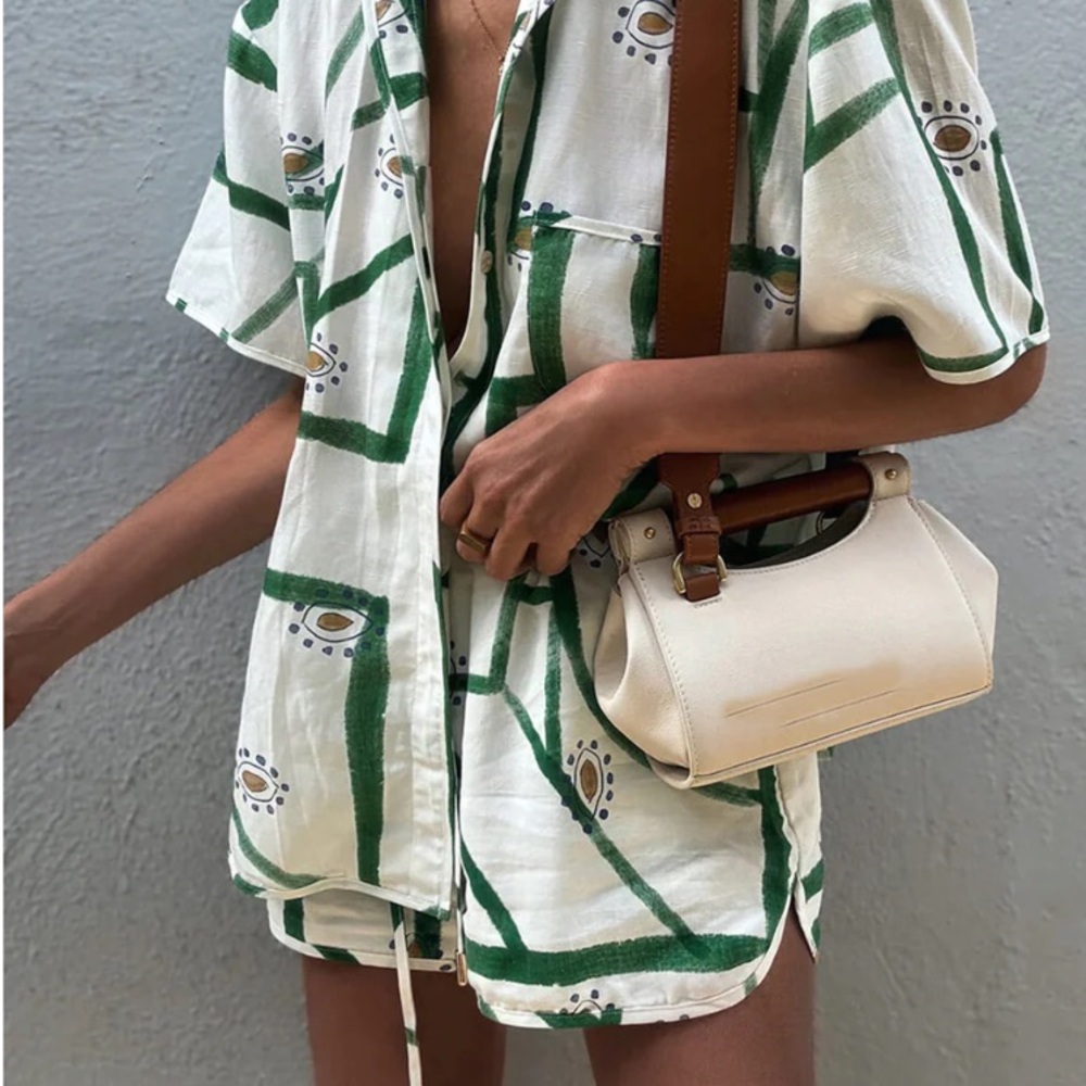 Green and White Patterned Shirt and Shorts Set